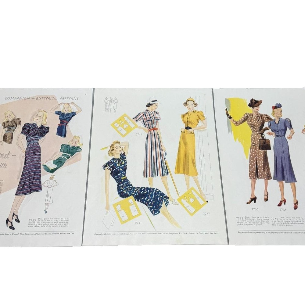 Vintage 1938 Pre-WWII Fashion Print Ad Companion Butterick Lot of 3 Front & Back
